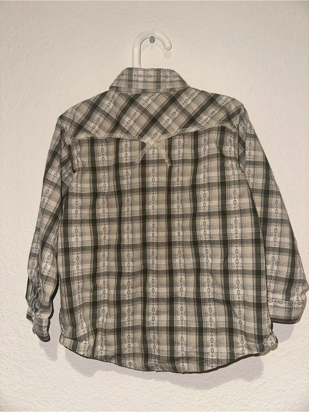 Y2K Old Navy Boys Olive and White Western Cowboy Plaid Button-Down Shirt 3T